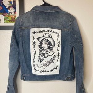 Hand painted lady head denim jacket